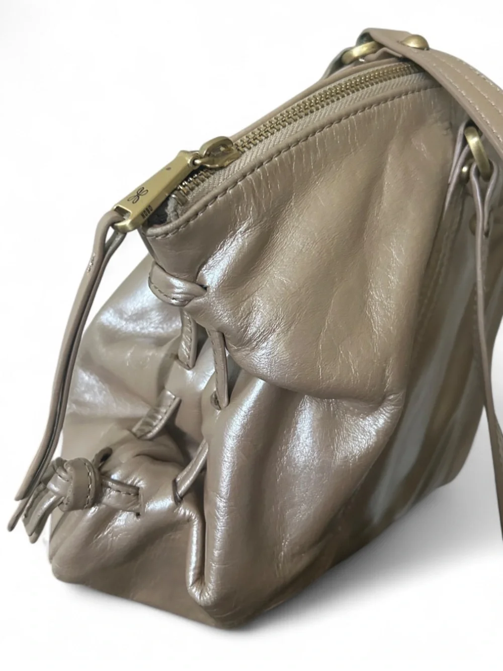 HOBO Metallic Gold Leather Ruched Boho Satchel Shoulder Bag Quiet Luxury